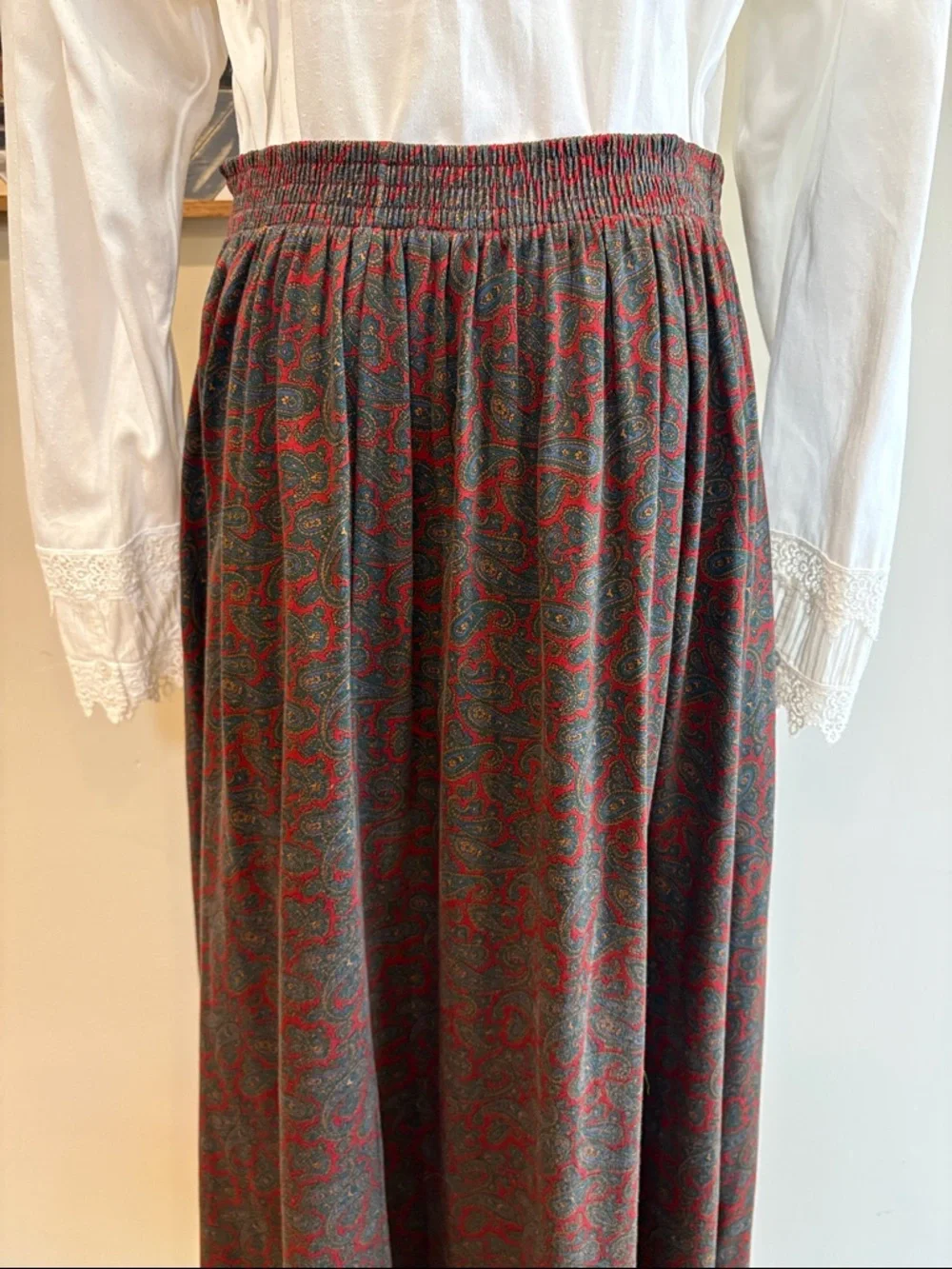 Vintage Ralph Lauren Blue Label 90s Cotton Stretch Paisley Midi Skirt Medium - Picture 8 of 12